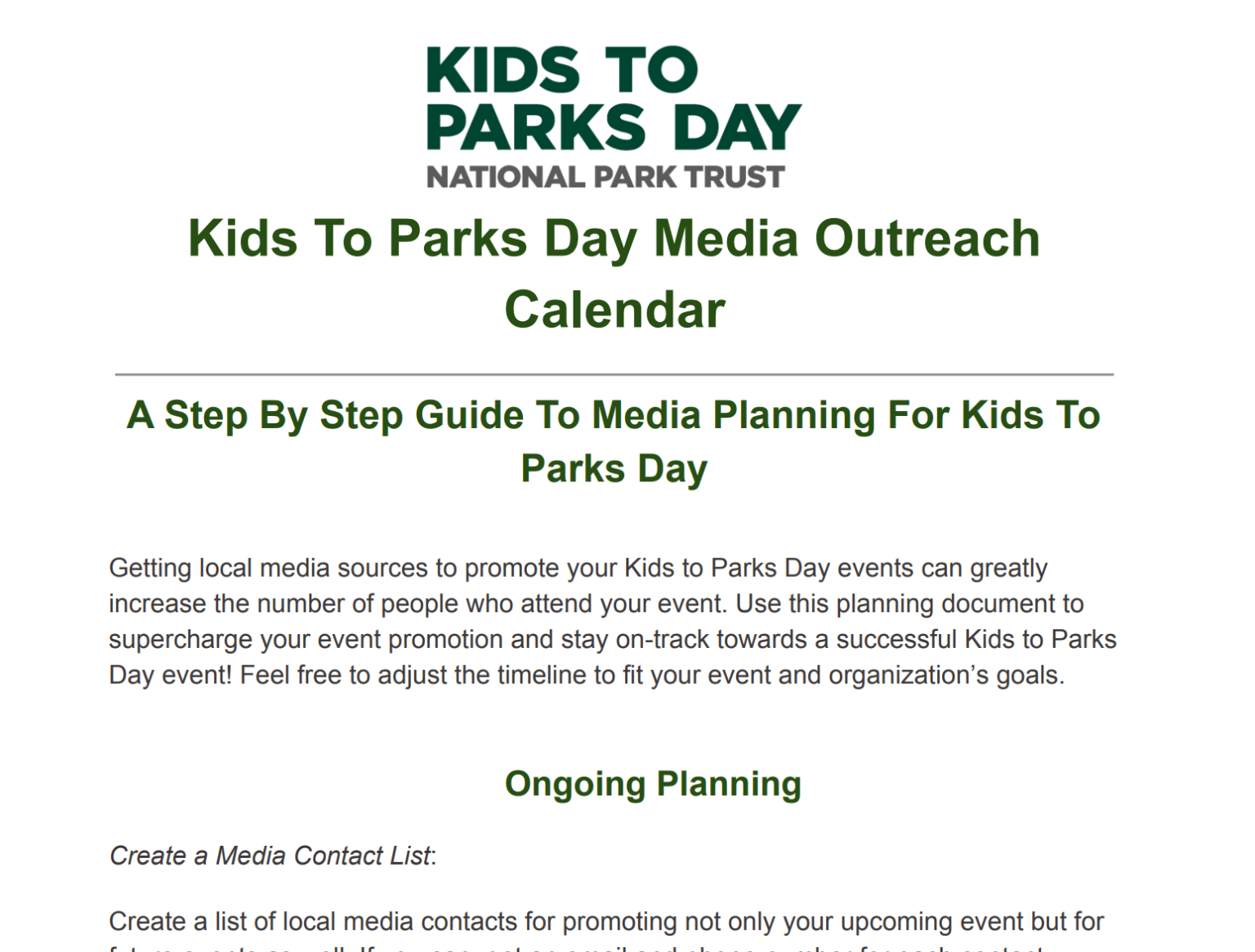 Kids to Parks Day Media Outreach Calendar 2026 - National Park Trust