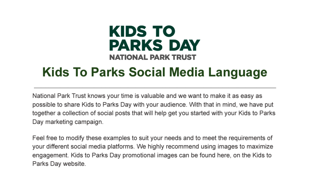 Kids to Parks Day Social Media Language 2026 - National Park Trust